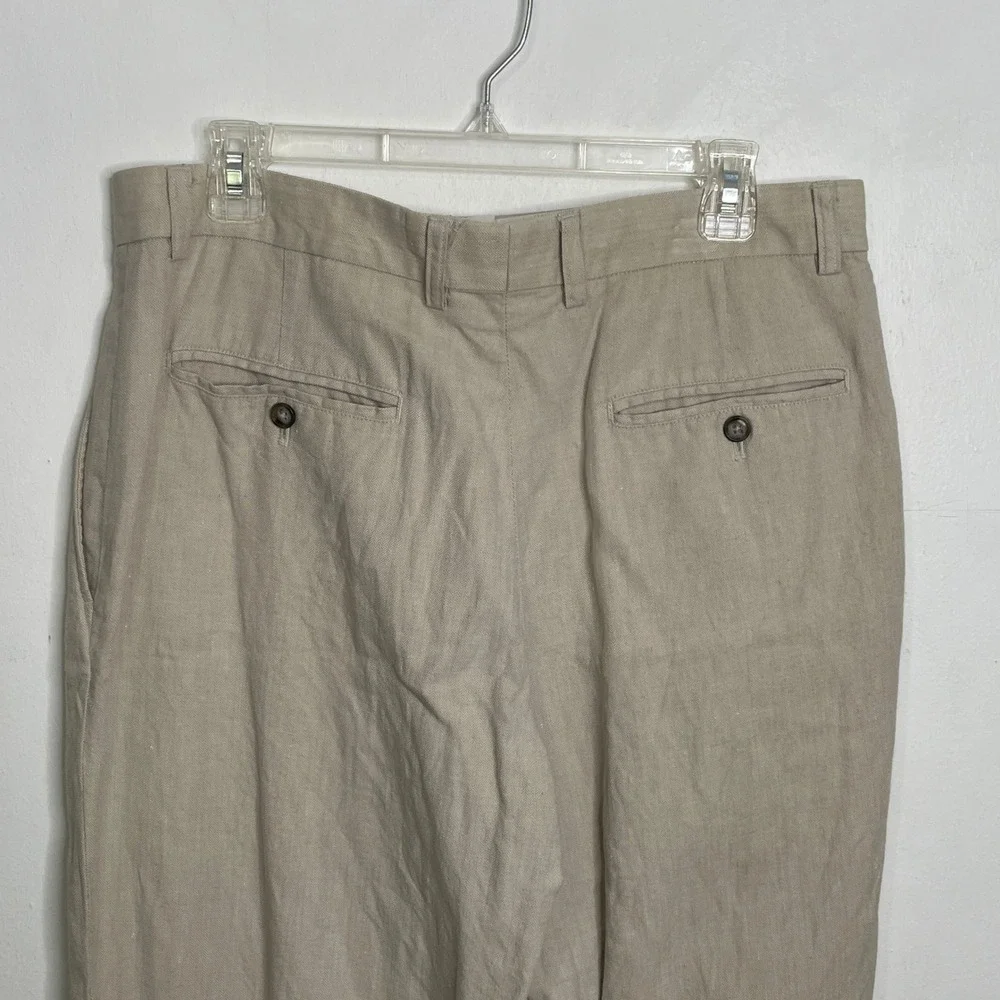 Mens Khaki Linen Blend Pleated Herringbone Pants 34x30 Old Money Travel Vacation